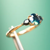 1.03ct Untreated Teal Nigerian Sapphire Three Stone Ring in 18K Yellow Gold