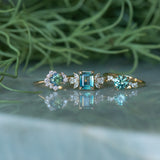 1.16ct Parti Green Madagascar Sapphire and Diamond Asymmetrical Cluster Ring in 14k Yellow Gold