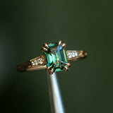 2ct Emerald Cut Green Sapphire and Diamond Vintage Cathedral Double Prong Ring in 18k Yellow Gold