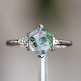 Hexagon Moss Agate Rings with Diamond Side Stones in 14K Yellow & White Gold