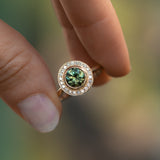 1.29ct Round Untreated Songean Green Sapphire Bezel Set Diamond Halo Ring in 14k Yellow Gold