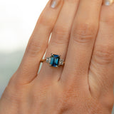 2.01ct Parti Teal Baguette Sapphire and Trapezoid Cut Diamond Low Profile Three Stone Ring in Platinum and 18k Yellow Gold