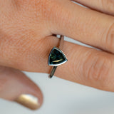 1.57ct Trillion Deep Teal Green Sapphire Contemporary Bezel Set Ring in 18k White Gold