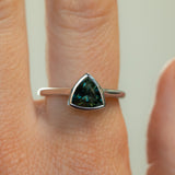 1.57ct Trillion Deep Teal Green Sapphire Contemporary Bezel Set Ring in 18k White Gold