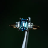 2.01ct Parti Teal Baguette Sapphire and Trapezoid Cut Diamond Low Profile Three Stone Ring in Platinum and 18k Yellow Gold