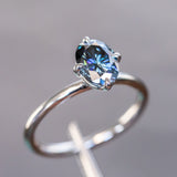 Blue Oval Moissanite Four Prong Compass Set Solitaire in 14k White Gold