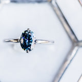 Blue Oval Moissanite Four Prong Compass Set Solitaire in 14k White Gold