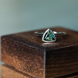 1.57ct Trillion Deep Teal Green Sapphire Contemporary Bezel Set Ring in 18k White Gold