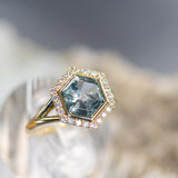 2.70ct Midnight Hexagon Montana Sapphire and Diamond Halo Bezel Set Split Shank Ring In 18k Yellow Gold