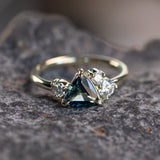1.16ct Trillion Ocean Blue Sapphire and Natural Diamond Mountainscape Ring in 14k Green Gold