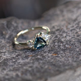 1.16ct Trillion Ocean Blue Sapphire and Natural Diamond Mountainscape Ring in 14k Green Gold