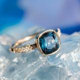 3.15ct Cushion Cut Spinel Low Profile Bezel Solitaire Ring with French Set Diamonds in 14k Yellow Gold