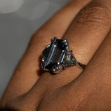 3.16ct Emerald Cut Spinel Three Stone Ring with Rosecut Diamonds in 14k White gold