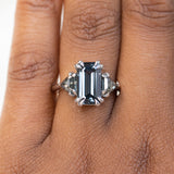 3.16ct Emerald Cut Spinel Three Stone Ring with Rosecut Diamonds in 14k White gold