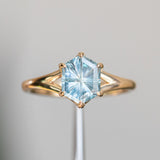2.69ct Carved Elongated Hexagon Montana Sapphire Low Profile Six Prong Split Shank Solitaire in 14k Yellow Gold