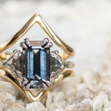 3.16ct Emerald Cut Spinel Three Stone Ring with Rosecut Diamonds in 14k White gold