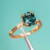 2.13ct Fancy Cushion Teal Blue Spinel VINTAGE CATHEDRAL RING IN 18k Yellow Gold
