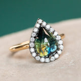 3.83ct Pear Cabochon Australian Sapphire and Blackened Halo ring in 18k Yellow Gold