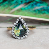 3.83ct Pear Cabochon Australian Sapphire and Blackened Halo ring in 18k Yellow Gold