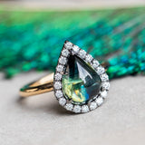 3.83ct Pear Cabochon Australian Sapphire and Blackened Halo ring in 18k Yellow Gold