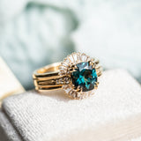 2.13ct Fancy Cushion Teal Blue Spinel VINTAGE CATHEDRAL RING IN 18k Yellow Gold