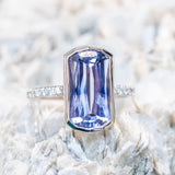 5.79ct Elongated Cushion Cut Purple Sapphire Low Profile Bezel Solitaire Ring in 18k White Gold