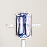 5.79ct Elongated Cushion Cut Purple Sapphire Low Profile Bezel Solitaire Ring in 18k White Gold