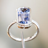 5.79ct Elongated Cushion Cut Purple Sapphire Low Profile Bezel Solitaire Ring in 18k White Gold