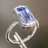 5.79ct Elongated Cushion Cut Purple Sapphire Low Profile Bezel Solitaire Ring in 18k White Gold