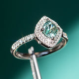 1.23ct Geo Montana Sapphire Double Diamond Halo Ring in 14K White Gold