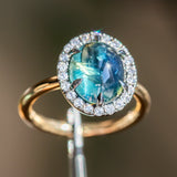 4.48ct Oval Cabochon Parti Sapphire and Blackened Halo ring in 18k Yellow Gold
