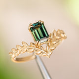 1.35ct Australian Emerald Cut Sapphire Pointed Vine Prong Set Ring in 14k yellow gold