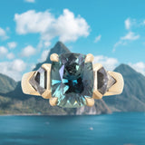 24 HOUR HOLD - 4.86ct Teal Elongated Cushion Sapphire and Salt and Pepper Diamond Three Stone Ring in 14k Yellow