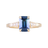 2.16ct Emerald Cut Blue Madagascar Sapphire and Diamond Vintage Cathedral Four Prong Ring in 14k Yellow Gold