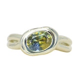 1.52ct Untreated Oval Brilliant Nigerian Parti Sapphire East-West Bezel Solitaire Alluvial Style Ring in 14k Green Gold