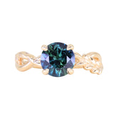 1.98ct Round Untreated Deep Parti Teal Sapphire Twisted Vine Split Shank Solitaire in 14k Yellow Gold with Diamonds