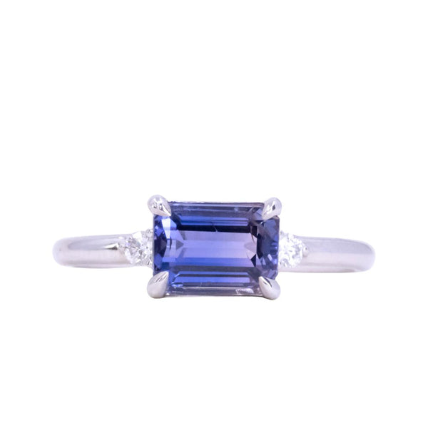 1.58ct Untreated Purple Tanzanian Emerald Cut Sapphire East-West Parti Sapphire and Diamond Low Profile Ring in 14k White Gold