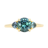 1.82ct Round Teal Precision Cut Montana Sapphire and Trillion Sapphire Low Profile Three Stone Ring in 18k Yellow Gold
