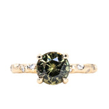 2.02ct Multicolor Earthy Madagascar Sapphire 4 Prong Evergreen Solitaire with Scattered Embedded Diamonds in 14k Yellow Gold