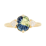 1.20ct Untreated Oval Parti Australian Fantasy Cut Sapphire and Natural Trillion Diamond Antique Milgrain Three Stone Low Profile Ring in 14k Yellow Gold
