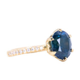 4.02ct Oval Blue Madagascar Sapphire Lotus Six Prong Solitaire with Diamonds in 14k Yellow Gold