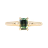 0.98ct Australian Emerald Cut Parti Sapphire Low Profile Four Prong Spring Bloom Solitaire in 14k Yellow Gold