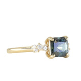1.60ct Asscher Blue Green Madagascar Sapphire and Diamond Starry Night Low Profile Solitaire in 14k Yellow Gold