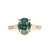 3.22ct Teal Oval Madagascar Sapphire and Diamond Vintage Cathedral Four Prong Ring in 14k Yellow Gold