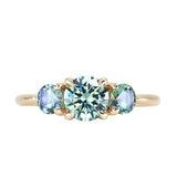 0.91ct Round Unheated Teal Green Montana Sapphire and Montana Sapphire Side Three Stone Ring in 14k Yellow Gold