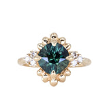 3.10ct Cushion Cut Untreated Umba Teal Green Sapphire Scalloped Diamond Cluster Ring in 14k Yellow Gold