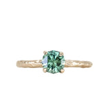 0.83ct Untreated Teal Montana Sapphire Evergreen Carved 4 Prong Solitaire in 14k Yellow Gold