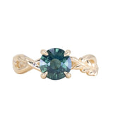 2.08ct Untreated Round Teal Sapphire Twisted Vine Split Shank Solitaire in 14k Yellow Gold with Diamonds