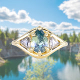 2.07ct Untreated Glowy Teal Madagascar Pear Sapphire and Trillion Grey Diamonds Low Profile Three Stone Ring in 18k Yellow Gold