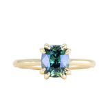 2.45ct Untreated Cushion Cut Deep Teal Sapphire Cathedral Double Prong Solitaire in 18k Yellow Gold